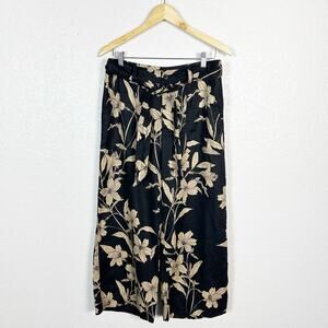 Ralph Lauren Women’s 100% Linen Black and Tan Tropical Floral Wide Leg Pants 6